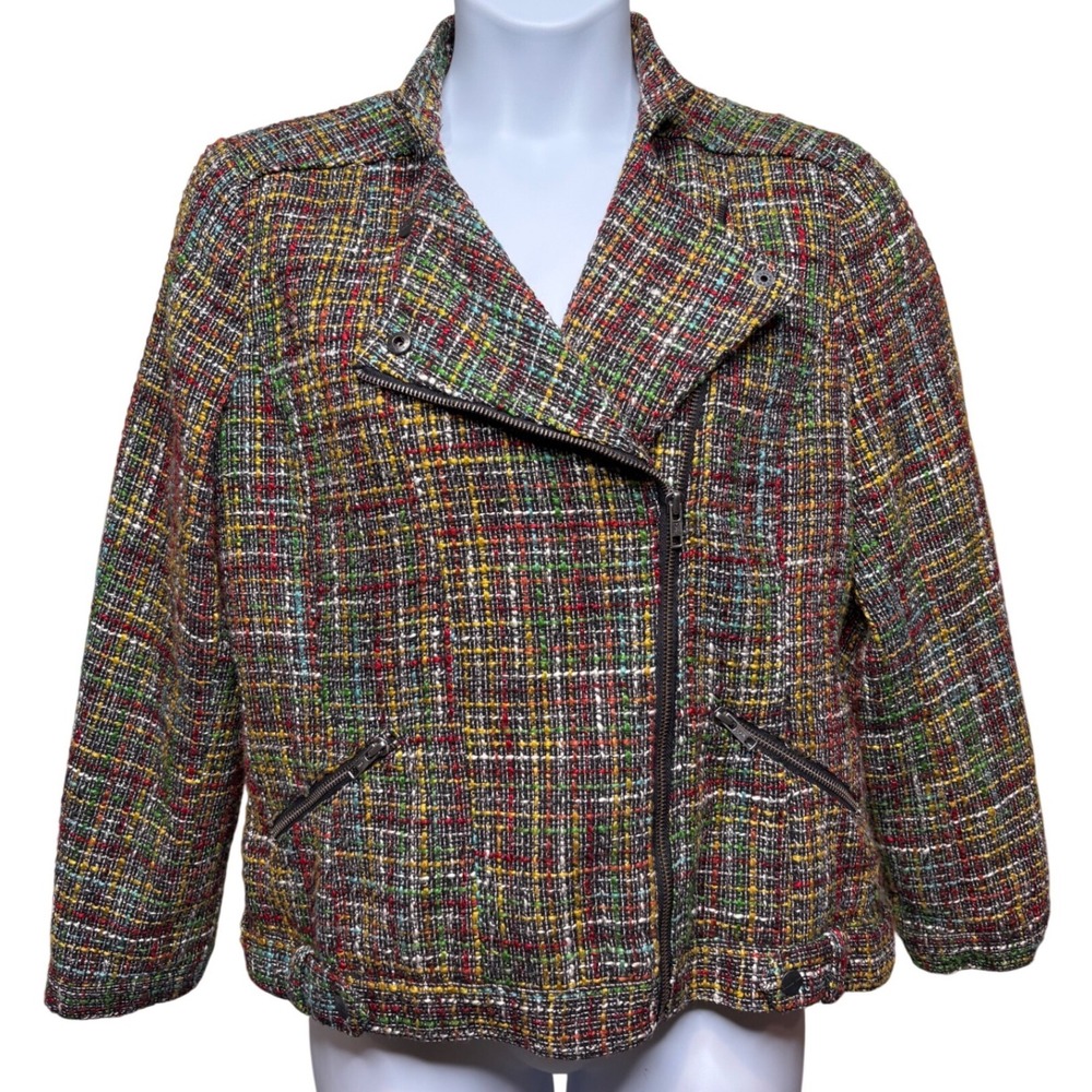 COLDWATER CREEK Multicolor Tweed Zip Moto Jacket 16 Preppy Career‎ Academia Chic